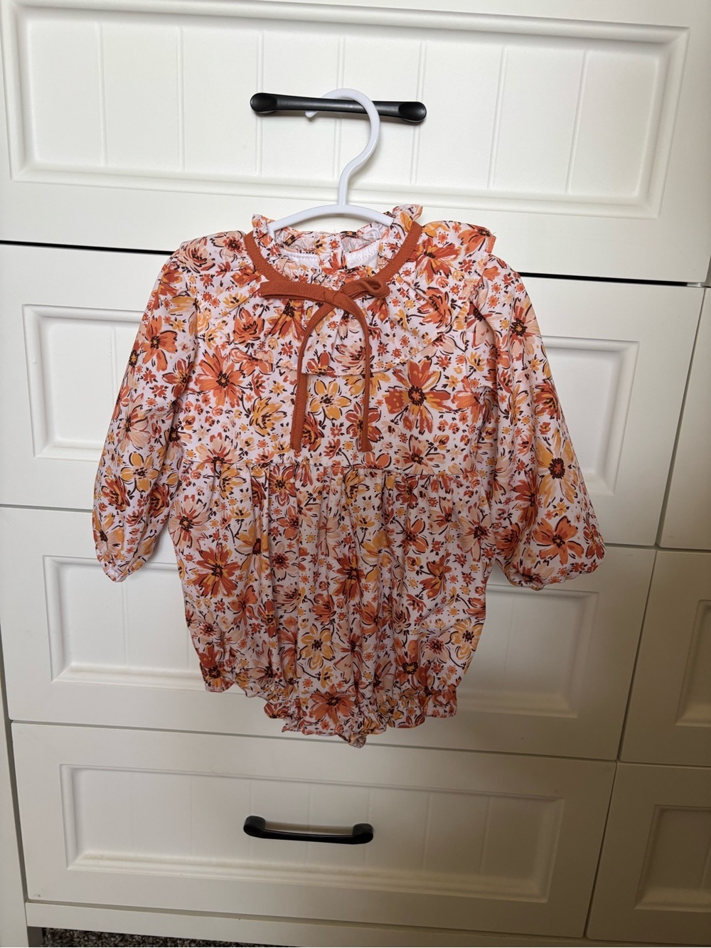 Girls' Floral Bubble Romper with Tie Neck - Orange & Cream